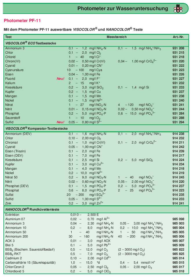 Mit dem Photometer PF-11 auswertbare Teste [1/2]
